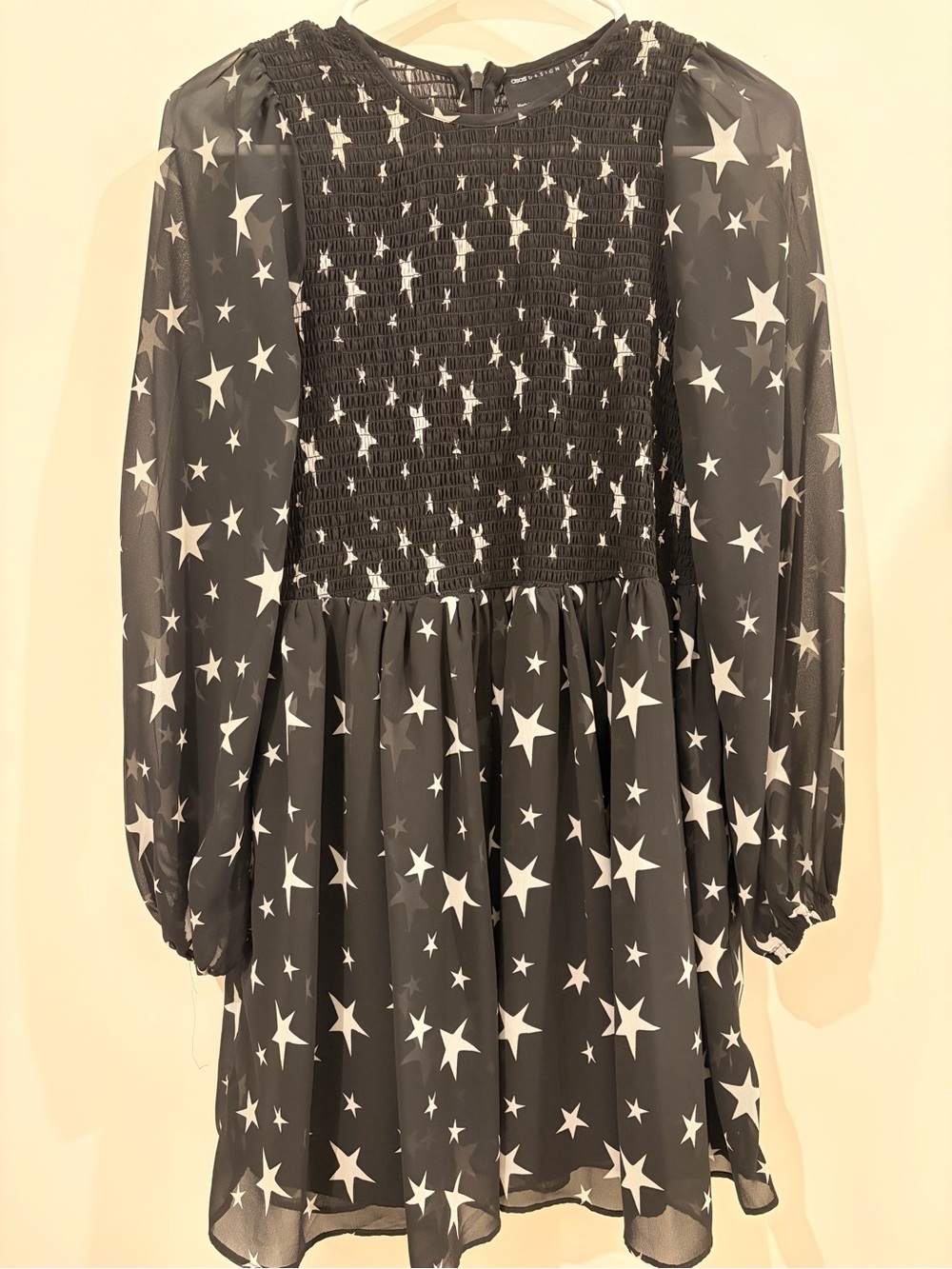 ASOS Black Star-Print Long-Sleeve Smocked Dress